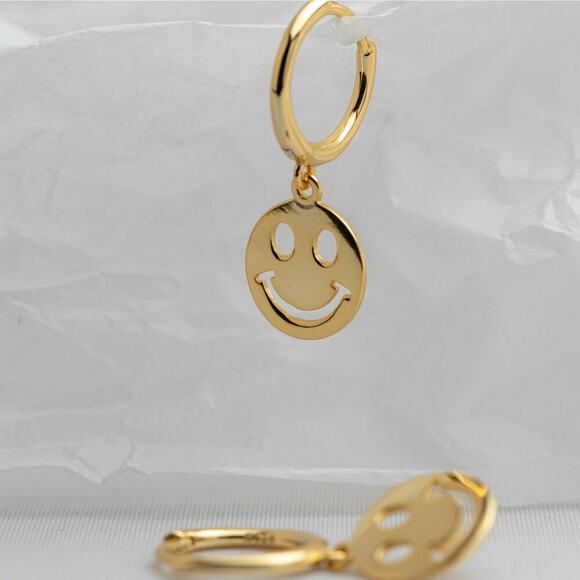 Smiley Face Hoop Earrings, 925 Sterling Silver Gold Plated Earrings, - Picture 7 of 7